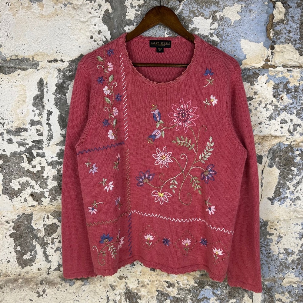 Salon Studio Floral Embroidered Sweater Pink Ramie Cotton Blend Womens XL